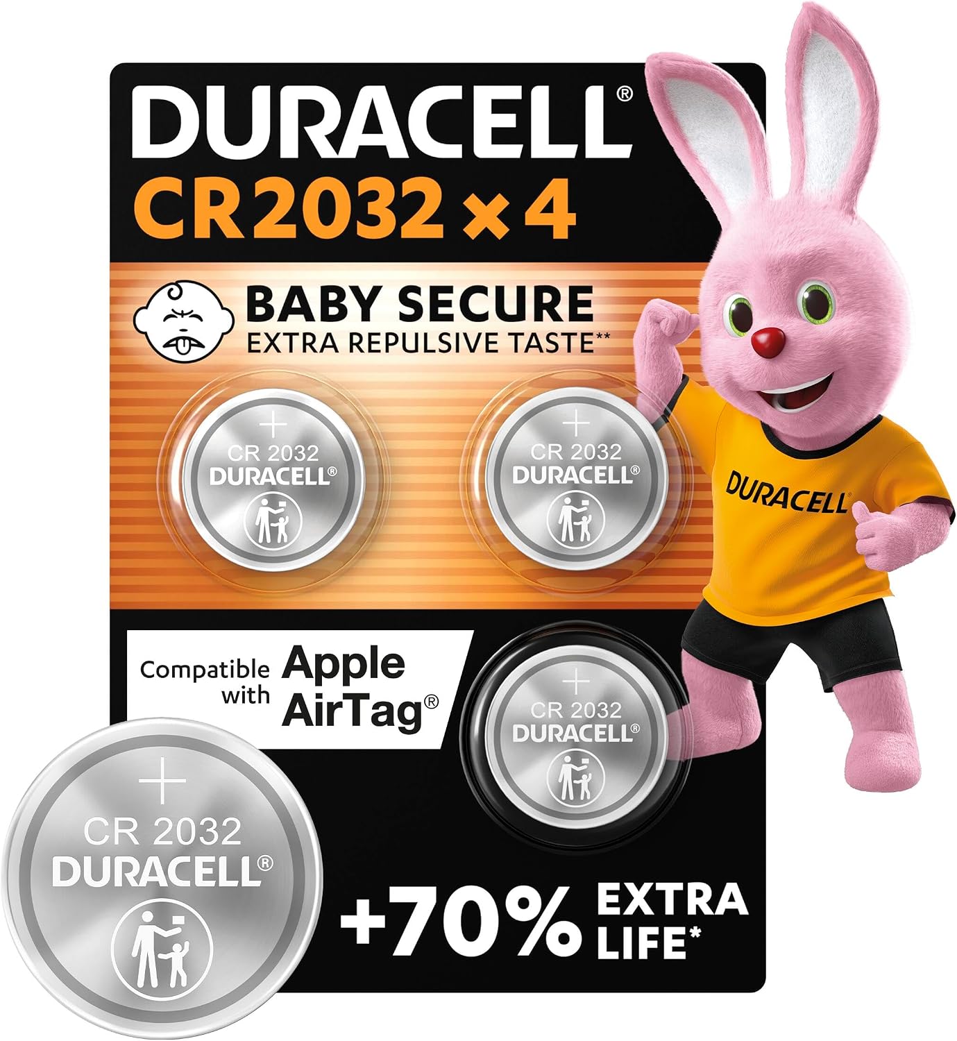 Duracell CR2032 Lithium Coin Batteries 3V (4 Pack) - Up to 70% Extra Life - Baby Secure Technology & Packaging – For Apple AirTags, Key Fobs, Home Devices, Fitness and Medical Accessories