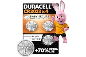 DURACELL CR2032 Piles Boutons au lithium 3V (lot de 4) - Jusqu’à +70 % de longévité - Technologie Sécurité Enfant - Recommandées pour l’AirTag d’Apple - Clés, appareils maison, sport et médicaux