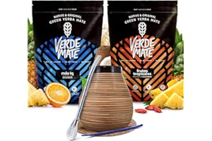 CEBADOR Verde Mate Green set yerba mate | Paquet de deux yerba mate | Verde Mate Mas IQ et Frutos Tropicales | Calebasse, bombilla et accessoires | Caféine naturelle | Yerba mate brésilien | 2x500g | 1kg