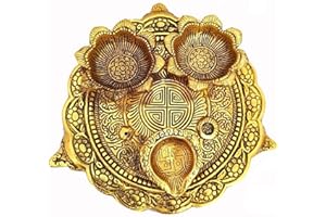 Wonder Care | Estatua de Ganesha Lakshmi esculpida con Gran Detalle en Acabado Marfil Antiguo | Decoración del hogar | Mandir | Regalo | Ídolo de Dios hindú (Diya Plate-Golden)