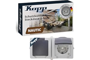 Kopp NAUTIC 2-fach Schutzkontakt-Steckdose mit Klappdeckel in Grau - Sichere Aufputz-Steckdose mit erhöhtem Berührungsschutz - Waagrechter IP44 Feuchtraumsteckdosen-Aufputz 16A / 250V~