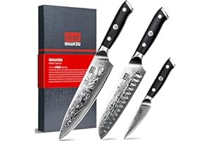 SHAN ZU Damascus Knife Set of 3 PCS, Japanese Damascus Steel 67 Layers Kitchen Knives Set High Carbon Professional Ultra-Sharp Chef Knife Set Ultra Sharp Cooking Utility Knife Set with G10 Handle