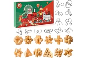 SAKMILU Kalendarz adwentowy na Boże Narodzenie, 24 sztuki drewnianych klocków, zestaw puzzli, metalowe puzzle, 3D, nachodzące na siebie drewniane puzzle, gry na Boże Narodzenie, odliczanie, kalendarz, zabawki