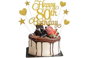 APLZGMG 80th Birthday Cake Decorations, 7Pcs Personalised Happy 80th Birthday Cake Topper with Heart Star Cupcake Picks, Gold Glitter Happy 80 Years Old Birthdays Sign for Birthdays Party Supplies