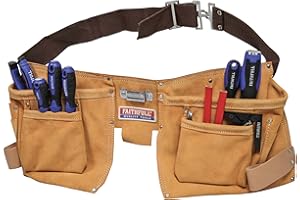 Pochette double Faithfull en cuir suédé pour outils et clous – Ceinture à outils 10 poches avec passants pour marteau et ceinture réglable (tailles : 74 à 117 cm) – Beige