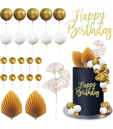 Dinghaole 30 Pièces Déco Gâteau Bohème Champagne – Boules Dorées, Feuilles Palmier & Fleurs Séchées Pour Anniversaire Mariage Fille