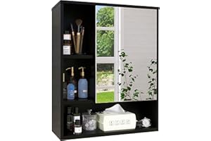 ‎SMIBUY SMIBUY Badezimmerschrank mit Spiegel an der Wand montiert, Bambus-Aufbewahrungs-Organizer über der Toilette, platzsparender Medizinschrank mit 2 Türen und verstellbaren Einlegeböden (Schwarz)