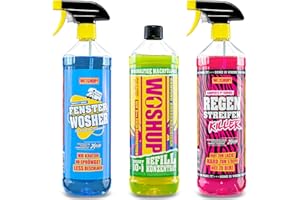 ‎WOSHUP! WOSHUP! Wohnwagen Reiniger 3-in-1 Set Starter Pack, 1L Konzentrat + 1L High Power Regenstreifen Killer + 1L Fensterwosher, mit Xtra Skin Schutzfilm, Reiniger für Camping, Caravan, Wohnmobil, Markise