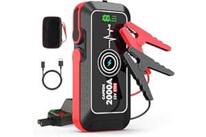 CAPTOK Powerbank rozruchowy 2000 A, 16800 mAh, 15 W, bezprzewodowa ładowarka 12 V (gaz 7,0 l, olej napędowy 6,0 l) urządzenie ułatwiające rozruch samochodu z wyświetlaczem LED, QC 3.0, latarka LED