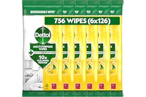 Dettol Antibacterial Multipurpose Cleaning Wipes, Citrus Zest, 756 Wipes (126 x 6pck) Disinfectant, Biodegradable, 10X Cleaning power vs Water alone, Kills 99.9 Percent of Germs