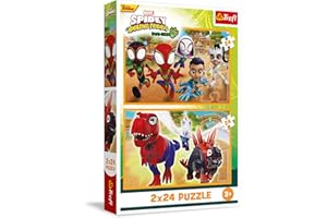 Trefl - Puzzle 2w1: Marvel, Spidey and his Amazing Friends, Spidey i Dinozaury - 2 x 24 Elementy, Zestaw Dwóch Układanek dla Dzieci od 3 lat