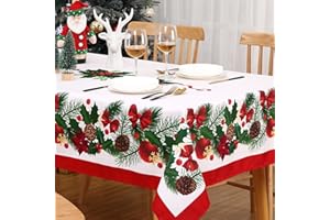 CAROMIO Świąteczny obrus 137 x 270 cm, prostokątny, świąteczny obrus ze wstążkami wilczomlenia, kokarda, jagody ostrokrzewu, zmywalny, biały, zmywalny, na zimę, święta, dekoracja stołu
