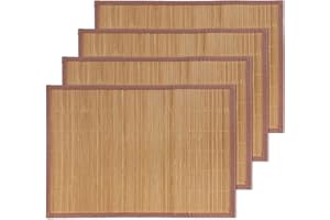 BambooMN Mantel individual de listones de bambú con borde de tela, impresión de color sólido, 18 x 13 pulgadas, marrón, 4 unidades