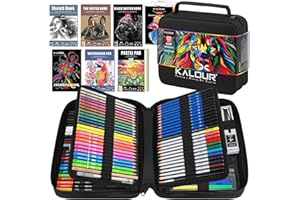 KALOUR PDAS 109Set de Dibujo Kit de Bocetos, Suministros de Arte Profesionales con Lápices Fluorescentes, de Color, Acuarela, Metálicos, Grafito, y Carbón, 6 Cuadernos de Bocetos y Libro para Colorear