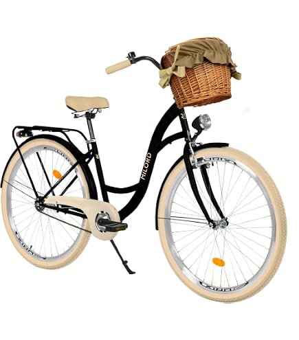 Goetze Style 28 Zoll Damen Citybike, 18 Zoll Tiefeinsteiger Stahlrahmen, 1-Gang Rücktrittbremse, V-Bremse vorne, LED-Beleuchtung, Rattankorb, Komfortsattel, mit Seitenständer & Klingel Sport & Freizeit