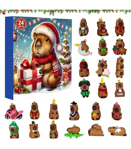 Calendrier De L'Avent 2025 Capybara Peluche - Compte à Rebours 24 Jours, Figurine Mignonne, Décoration Noël 28x21 Cm