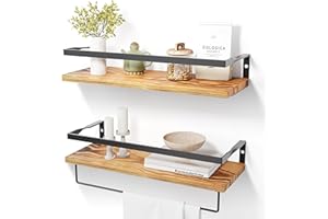 DifferTemp Wandregal Holz, Küchenregal Wand mit Handtuchhalter, Hängeregal, Gewürzregal Wand, Badezimmer Wandregal, Holzregal Wand 2er Set, Wall Shelf, 40cm