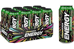 FONTI DI CRODO 1931 LEMON SODA Lemonsoda Energy | Green Blast, Energy Drink con Guaranà, Succo di Mela e Kiwi, 12 Lattine da 50 cl, con Vitamine e Caffeina