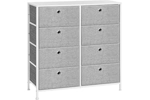 SONGMICS Chest of Drawers, Storage Unit with 8 Easy Pull Fabric Drawers, Dresser, Organiser Unit with Metal Frame, Tabletop, for Closet, Nursery, Light Grey and White LTS24W