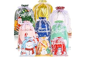 HuiCloud 32 Pcs Christmas Drawstring Gift Bags,9 Designs & 4 Sizes Large Medium Small Foil Christmas Bags for Presents,Reusable Xmas Gift Bag Multipack for Party, Holiday and Decorations