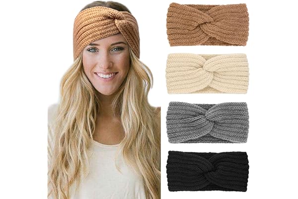 DRESHOW 4 Pièces Bandeau Cheveux pour Femme Bandeaux Hiver Serre-Tête Tricoté Oreille Réchauffeur Chaud Noué Bande Elastique Cheveux pour Femmes Filles