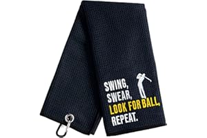 ZAKSEM Swing Swear Look for Ball Repeat Black Golf Towel, Embroidered Golf Towels for Golf Bags with Clip, Golf Towel for Women, Men, Golfer, Golf Lover, Colleague Christmas Birthday Gifts