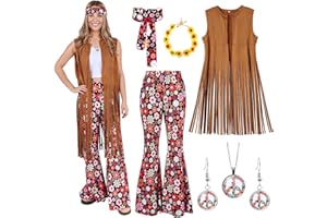 Puddry Kostium hipisowski damski zestaw, kostium w stylu lat 60., kostium w stylu lat 70., brązowy, hipisowska kamizelka damska i spodnie hipisowskie, akcesoria hipisowskie z łańcuszkiem na szyję,