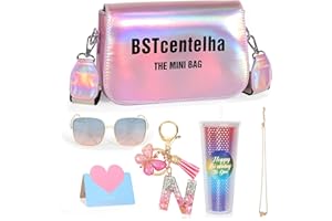 BSTcentelha Gifts for Girl Teenager 9 10 11 12 13 14 15 16 Years, Rainbow Glitter Water Bottle with Straw, Letters Keychain, Cute Sunglasses, Pink Crossbody Bag, Personalized Gift Set for Girls