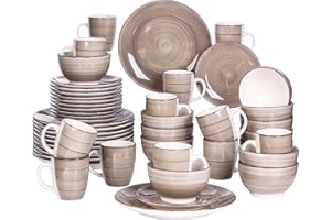 vancasso Bella Dinner Set for 12, Stoneware Plate Bowl Set Handpainted Tableware, 48 Piece Cream Dinner Service with Dinner Plate/Dessert Plate/Cereal Bowl/Mug, Rustic Chic Style
