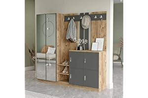 Dmora - Mobile da ingresso Media, Entratina appendiabiti, Composizione per atrio, Consolle portaoggetti multifunzione, 187x38h180 cm, Quercia e Antracite