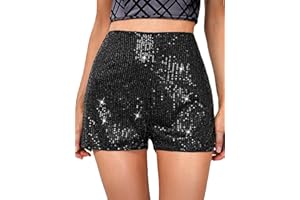 FIACAFYO Womens High Elastic Waist Sequin Shorts Glitter Sparkly Straight Leg Solid Sparkle Party Club Concert Hot Shorts