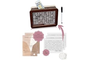 ‎BEGINNERBUDGET BeginnerBudget® - 3-in-1 Wiederverwendbare Spardose mit Zahlen (Summe: 500€/1000€/5000€) zum ankreuzen aus Holz mit Folienstift - Sparbox mit 3 austauschbarem Sparzielen | Geld Sparschwein