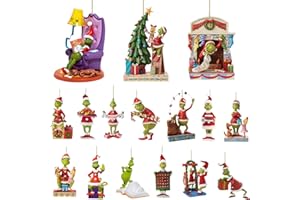 ILMFMY Grinch Weihnachtsbaumschmuck 16 Stück – 2D Acryl Anhänger 8 cm, Bunte Cartoon Ornamente mit Kordel, Festliche Weihnachtsdeko für Baum, Fenster, Tür, Zuhause, Party & Geschenkideen