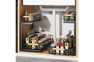 JOUING 2 Pezzi Organizer Sottolavello a 2 Livelli Regolabile in Altezza Organizzatore Sotto Lavello Metallo Scorrevoli Cassetti Scaffale Estraibile per Cucina Bagno (Nero, confezione da 2)
