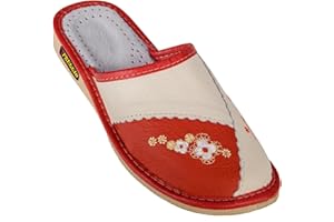 APREGGIO Kapcie Damskie Skórzane z Kwiatowym Wzorem, Antypoślizgowa Gumowa Podeszwa, Rozmiary 36–41 – Wygodne Pantofle Domowe