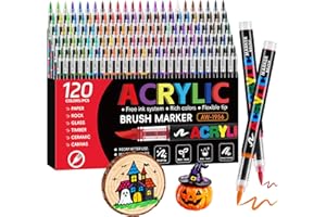 Tongfushop 120 Pennarelli Acrilici, Acrylic Marker Pennello con Flusso Auto-Regolato, Impermeabili ad Asciugatura Rapida per Decorare Sassi, Legno, Ceramica e Vetro | Ideale per Adulti e Fai da Te