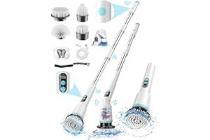 KIMEETOL Cordless Electric Spin Scrubber with Remote Control Handle, New IPX7 Waterproof Cleaning Brush with 4 Replaceable Brush Heads and,Power Scrubber for Cleaning Bathroom, Shower, Tub, Floor(White)