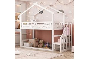 ‎FEZTOY FEZTOY Etagenbett Kinderbett mit Treppe 90x200 für Kinder, Niedriges Kinderbett mit Rausfallschutz und 1 Lattenrost, Massivholz Spielbett, Jugendbett für Junge&Mädchen, ohne Matratze (weiß 1 Latten)