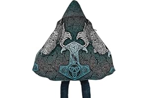 DAMATA Veste extérieure coupe-vent Mjölnir 3D pour hommes Manteau coupe-vent à capuche mi-long en laine d'agneau et coton Viking Tattoo Poncho cape de sport décontracté pour l'hiver