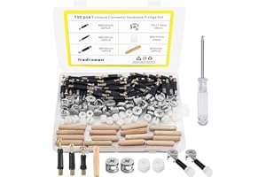 Nadisean 130Pcs Furniture Connectors Kit, Furniture Hardware Fixing Screws Set, Cam Lock Ø15mm, M6x40mm Fitting Dowels with Pre-Inserted Nuts Dowel Bolts Nut Locking Cam for Cabinet Wardrobe Drawer