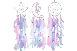 REMORLET Traumfänger in Stern-, Mond- und Sonnenform, 3 Stück, Heimdekoration, und Baby-Kinderzimmer-Zubehör – Traumfänger mit Feder-Dekoration – einzigartiger Wandanhänger für Zuhause (PINK)