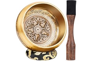 HIHEALER Large Tibetan Singing Bowls, Singing Sound Bowl Handcrafted in Nepal for Yoga,Chakra Healing,Stress Relief Self Care Gifts for Women and Men Christmas Gifts (Five Buddhas-Wave, 14cm)