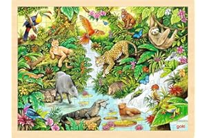 goki 57329 - Einlegepuzzle Im Dschungel aus Holz, Holzpuzzle mit Tieren des Urwaldes, Lernspielzeug und Kinderpuzzle, fördert Fantasie und Motorik der Kinder, 40cm x 30cm, 96er Set, ab 3 Jahre