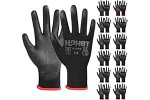 HPHST PU Besichtet Arbeitshandschuhe, 12 Paar Arbeit Handschuhe für Herren und Damen Rutschfeste Montagehandschuhe Gartenhandschuhe mit PU-Beschichtung für Bauarbeiter Mechaniker, Schwarz (Large)