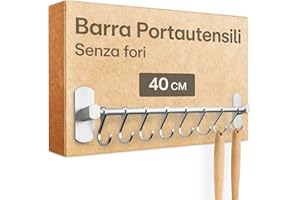 Praknu Barra Portautensili da Cucina Adesiva – 8 Ganci Regolabili - Installazione Senza Buchi - 40 cm – Supporto in Alluminio per Utensili da Cucina