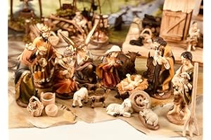 BTV ÖLBAUM Krippenfiguren KFG-MDS mit Deko, 21 - teiliges Set, große Ausführung und feine Mimik, Figuren max. 11-12 cm Komplettset mit Schäfer, Hirte mit Schaf/Schafe und Ziegen, Ochs und Esel, NEU