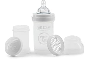 TWISTSHAKE Anti-Colic Baby Bottle with Milk Powder Container and Mixer - 180ml | Slow Flow Silicone Breast-Like Nipple | BPA- Free Baby Milk Bottle | Suitable for Newborn Babies (0+) | White