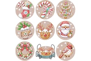 XXXCHENGJIA 8 Pcs Christmas Diamond Art Coasters for Adults, 5D DIY Diamond Painting Coasters Kit with Holder, Easy Christmas diamond painting for Beginners, Holiday Decor