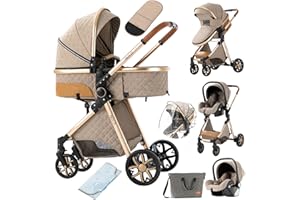 Suttonbebe Carrito Bebe 3 en 1, Carro Bebe 3 Piezas Empuje Bidireccional Reversible, Carro Bebe Marco de Aleación de Aluminio, Cochecito Bebe 3 Piezas Alto Paisaje Recién Nacidos (V9 Khaki)