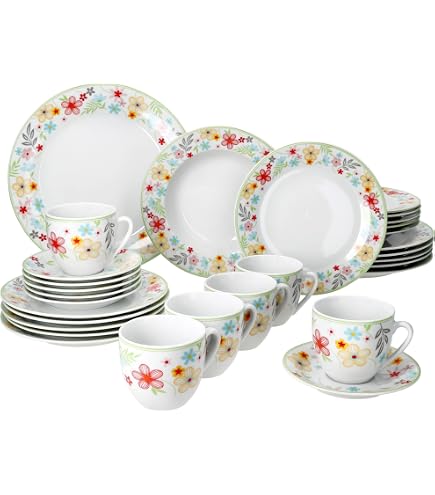 Service à Café 18 Pièces Pâques - Porcelaine Décor Lapin - 6 Tasses, Soucoupes Et Assiettes - Printanier